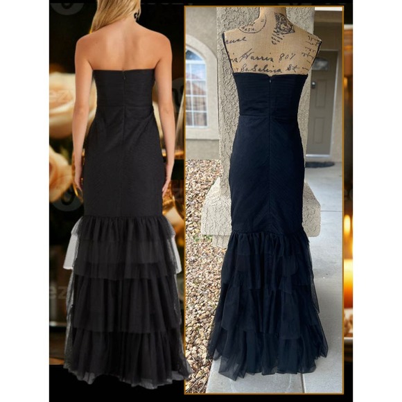 Lulus Strapless Black Tulle Pleated Trumpet Stunning Icon Maxi Dress Size M - Picture 4 of 12